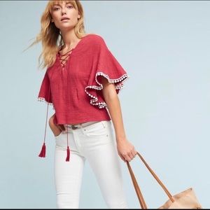 Anthropologie Pink Dina Adam Boho Tassel Flutter Short Sleeve Top Blouse